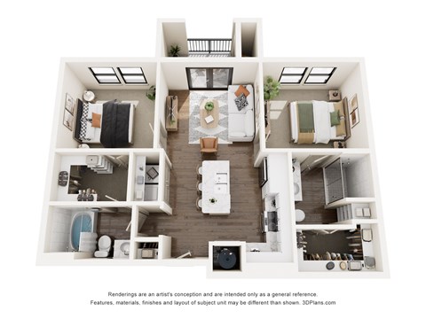 Floor plan for 2 beds, 2 baths, 893 sqft
